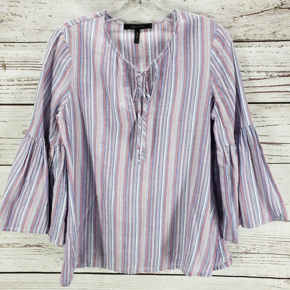 BCBGMAXAZRIA Purple 100%Cotton Bell Sleeve Striped Top Size Small